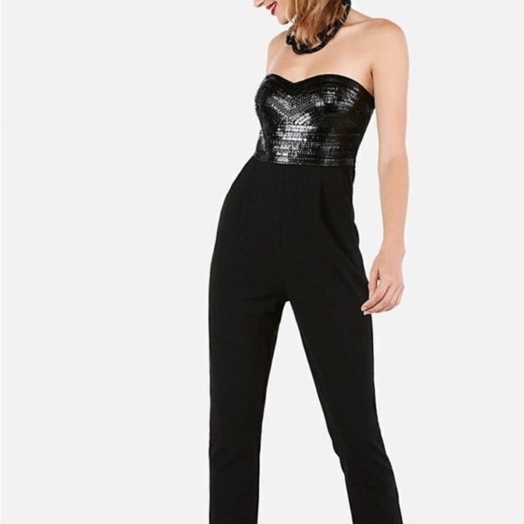 Express Black Sequin Strapless Jumpsuit - Picture 1 of 6